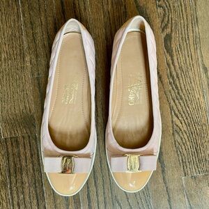 Salvatore Ferragamo Light Pink Blush and Beige Bow Flats